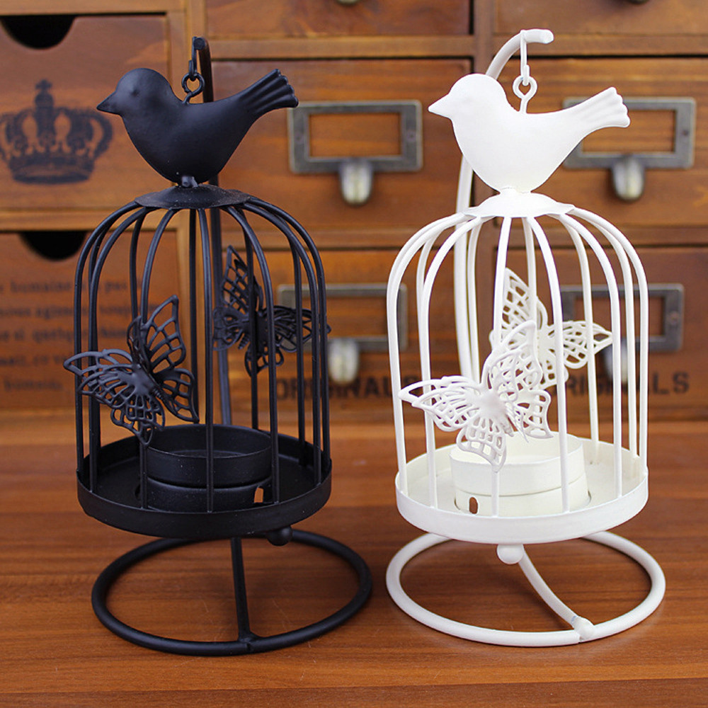 Metal Hollow-out Candle Holder Butterfly Iron Art Candlestick Tabletop Bird Cage 